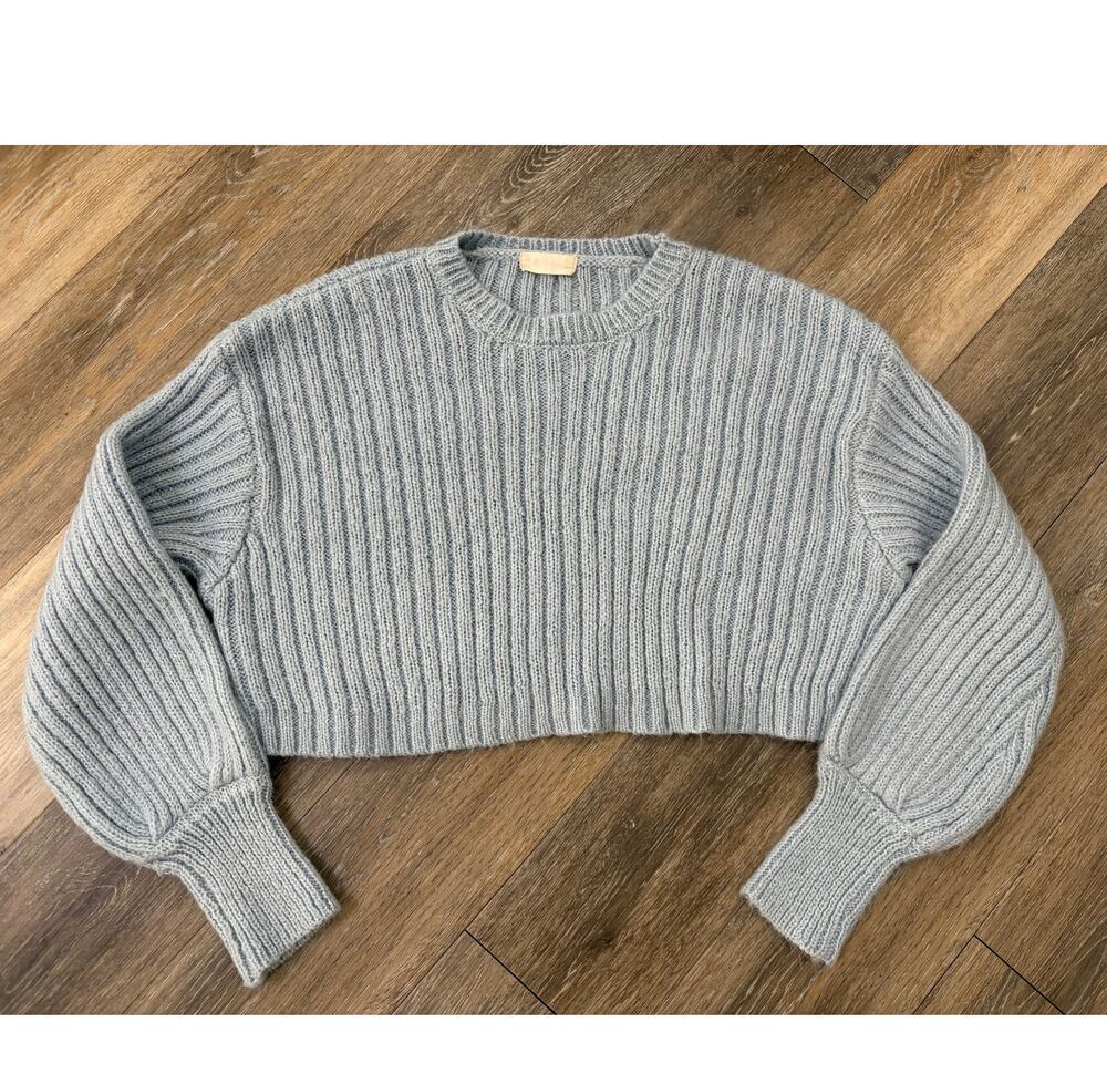 Altar'd State Crop Sweater Womens L Light Blue Rib Knit Balloon Sleeve